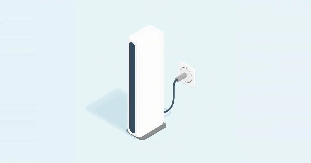 Illustration: a tall white modem plugged into a wall outlet