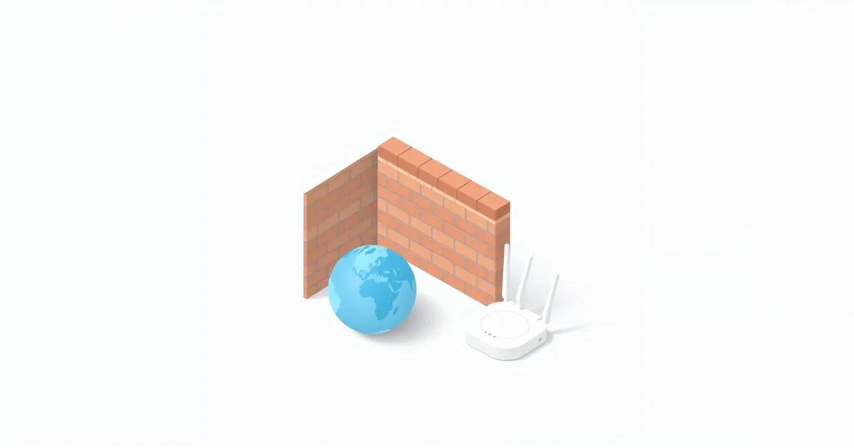 Illustration: a brick wall behind a globe and a router