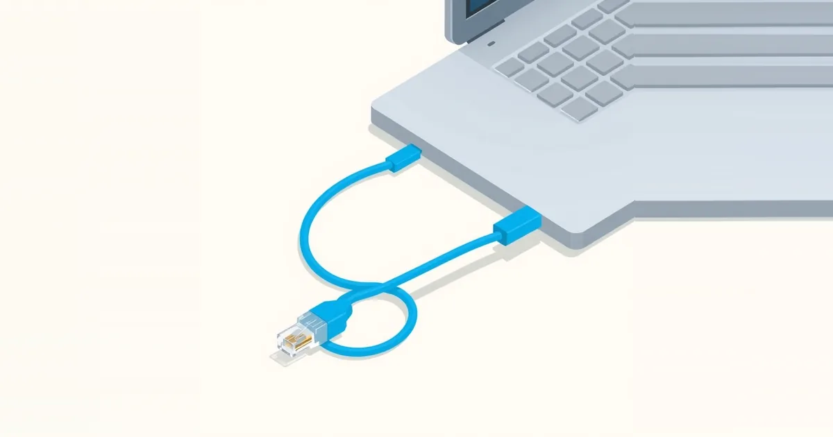 Illustration: a blue network cable plugged into a laptop