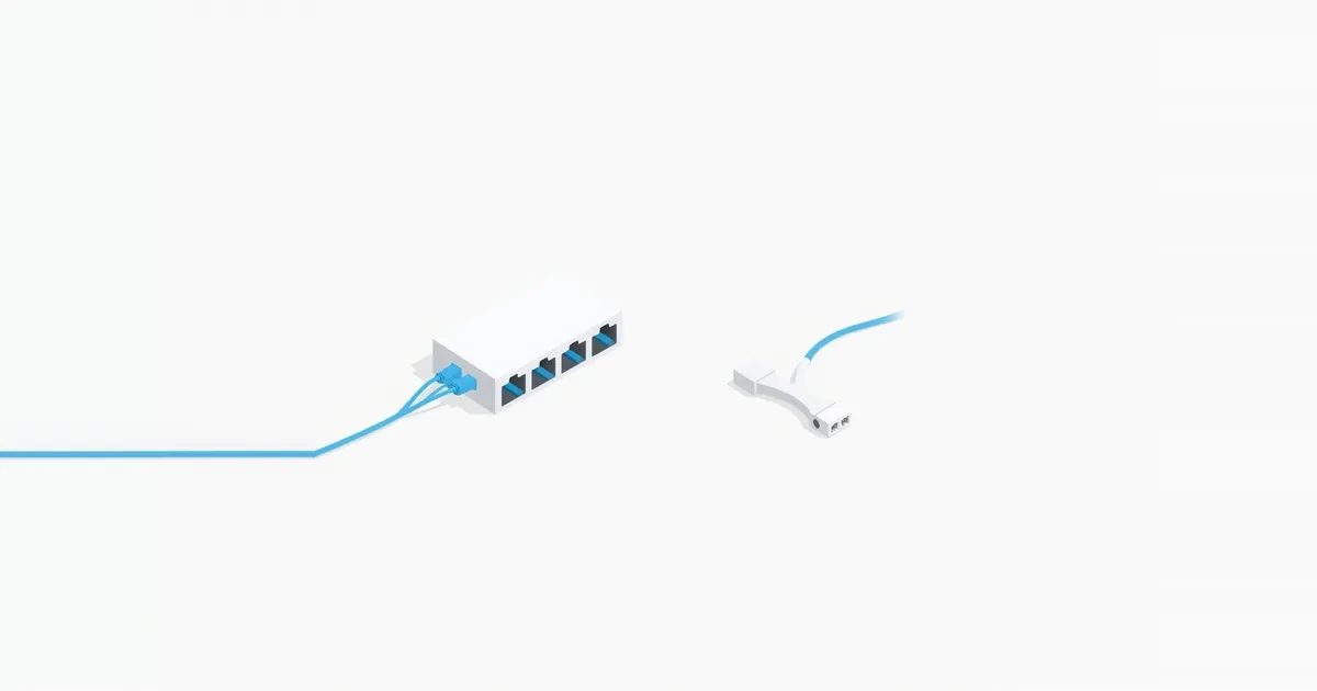 Illustration: a small network switch with several cables next to a Y-shaped cable adapter