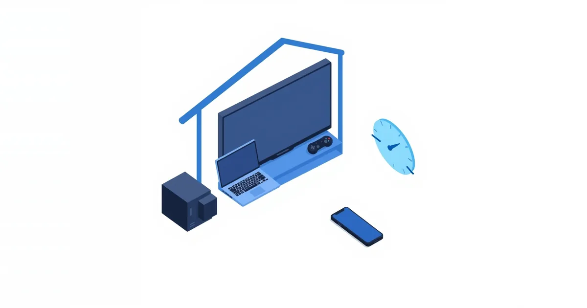 Illustration: a house with a TV, laptop, phone and game controller next to a speed gauge