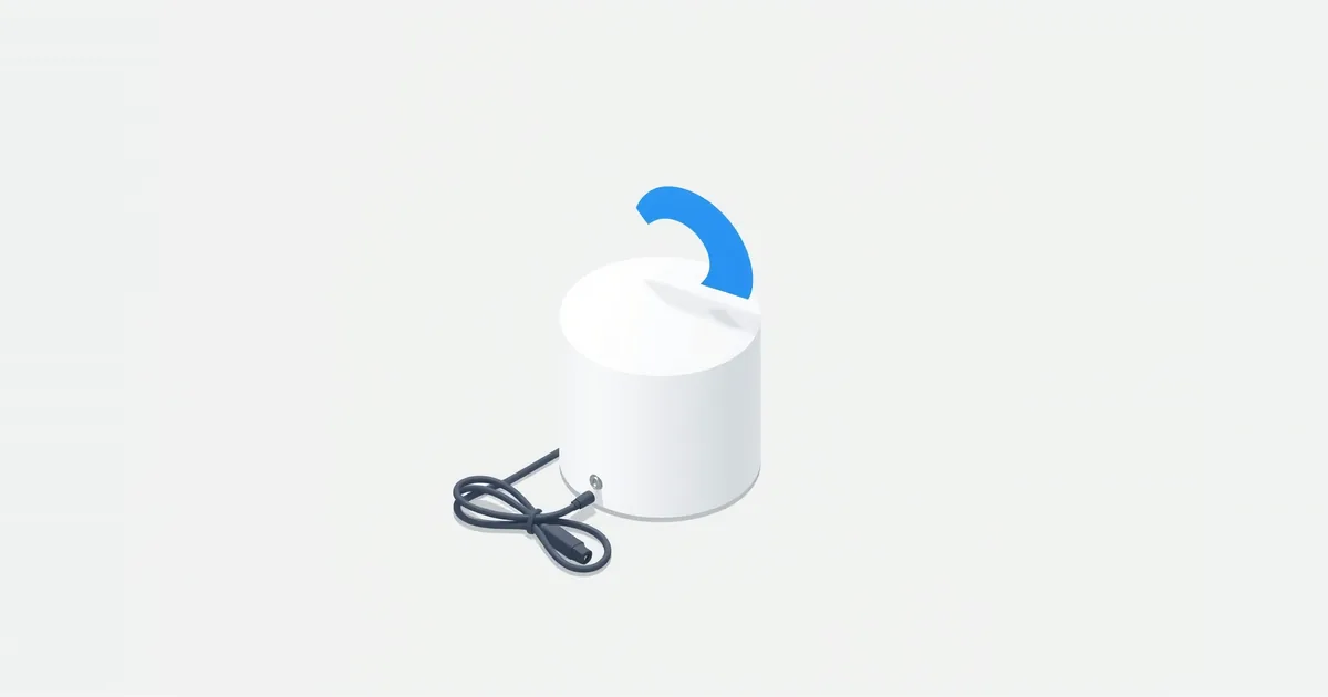 Illustration: a round router with a blue arc above it and a power cord