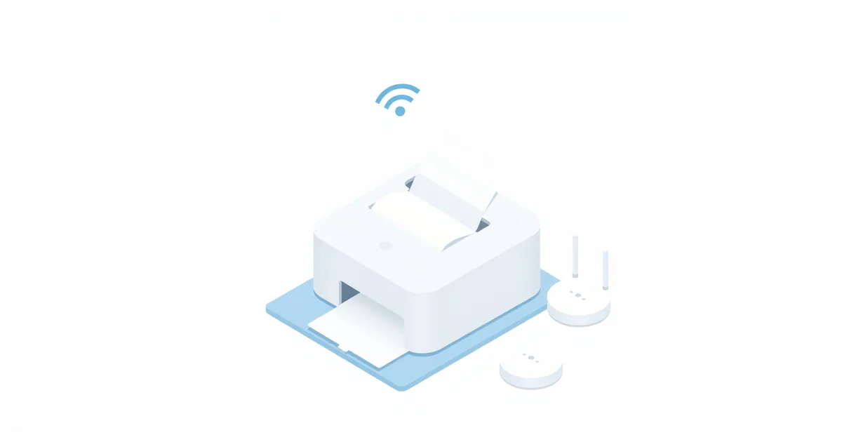 Illustration: a printer with a Wi-Fi symbol next to a router