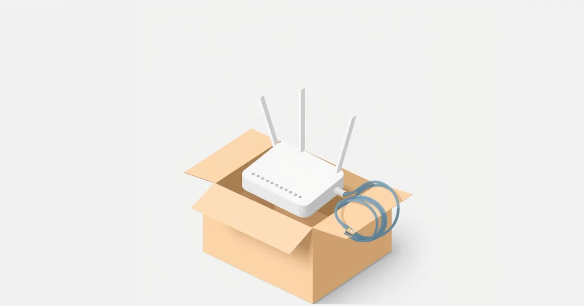 Illustration: a new router taken out of its box with a network cable