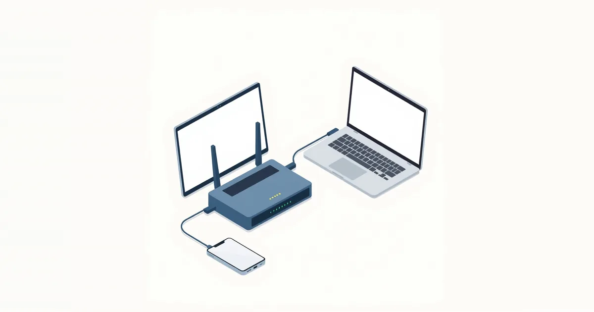 Illustration: a router connected to a monitor, a laptop and a phone