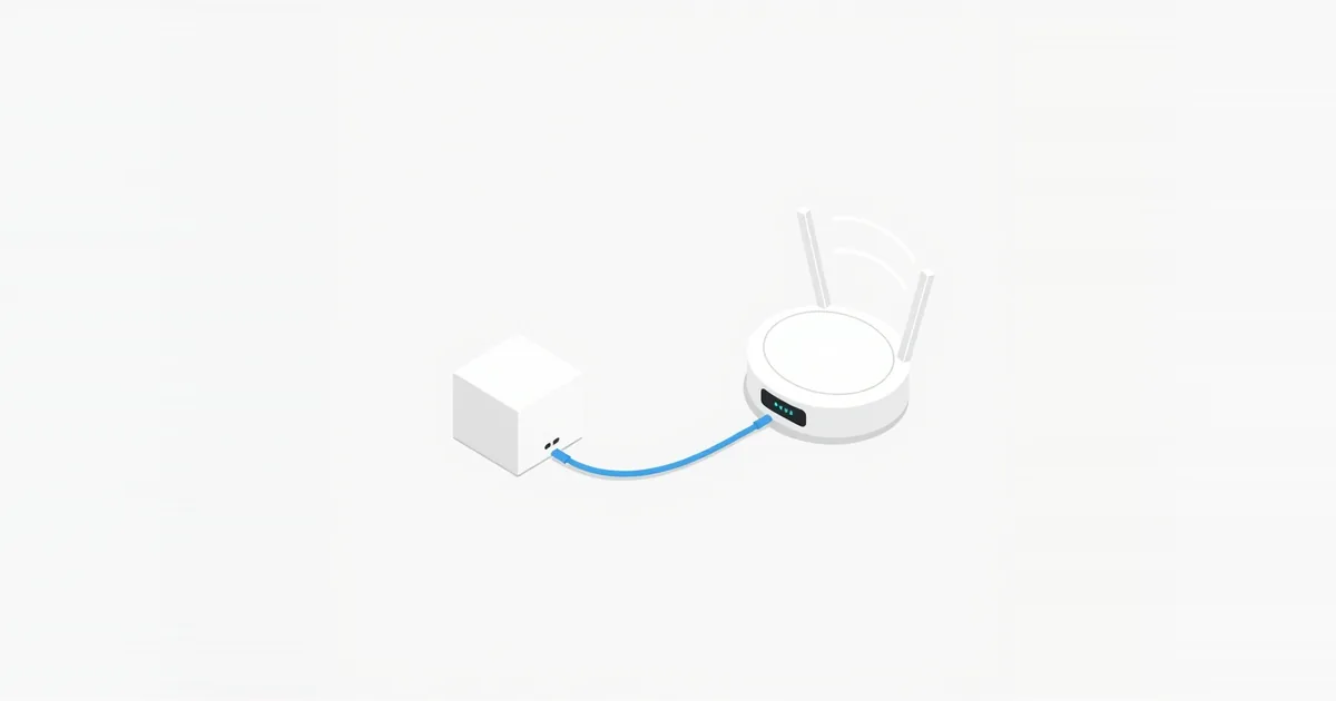 Illustration: a modem connected to a router by a blue cable