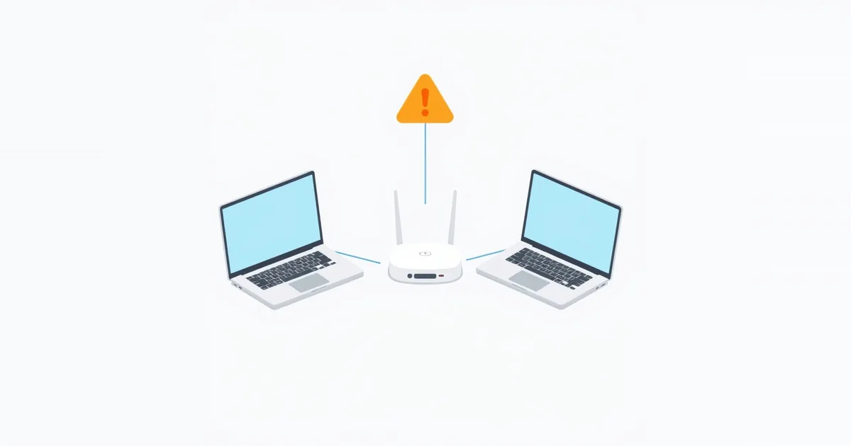 Illustration: two laptops connected to one router with a warning sign between them