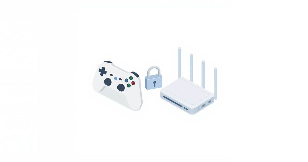 Illustration: a game controller and a router with a padlock between them