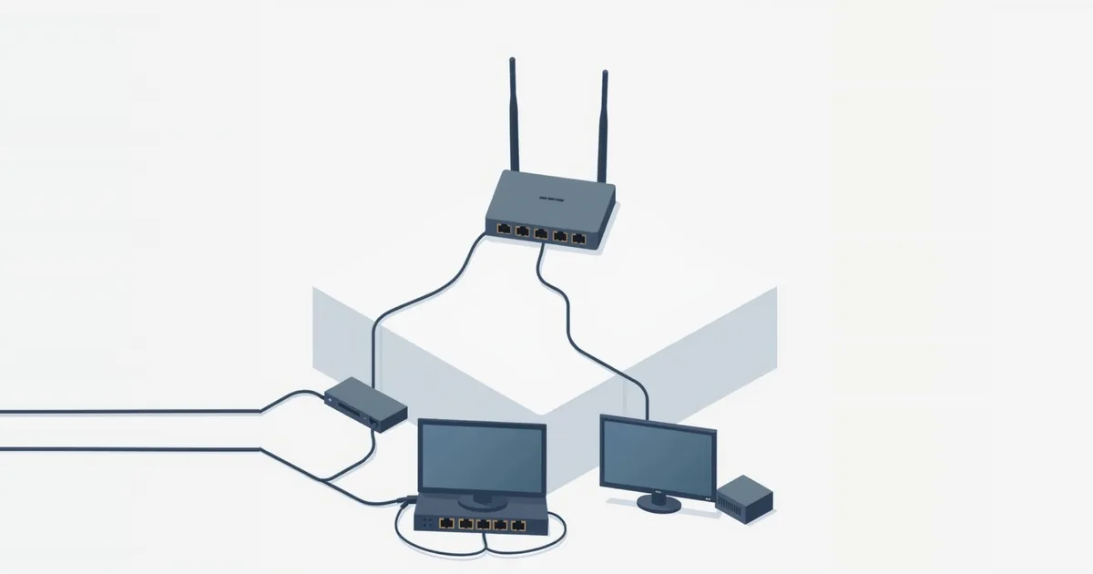 Illustration: a router connected by cables to a switch, monitors and a small box