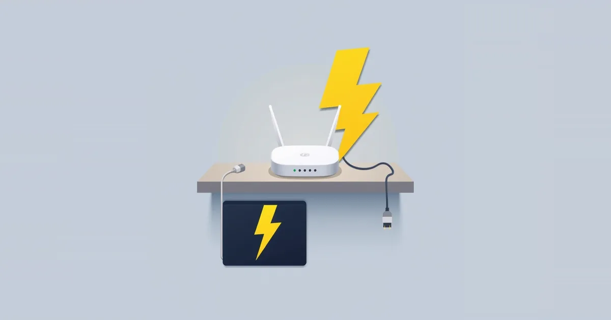Illustration: a router on a shelf next to a lightning bolt