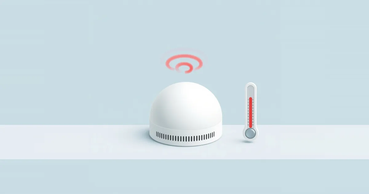 Illustration: a white device with heat waves and a thermometer beside it
