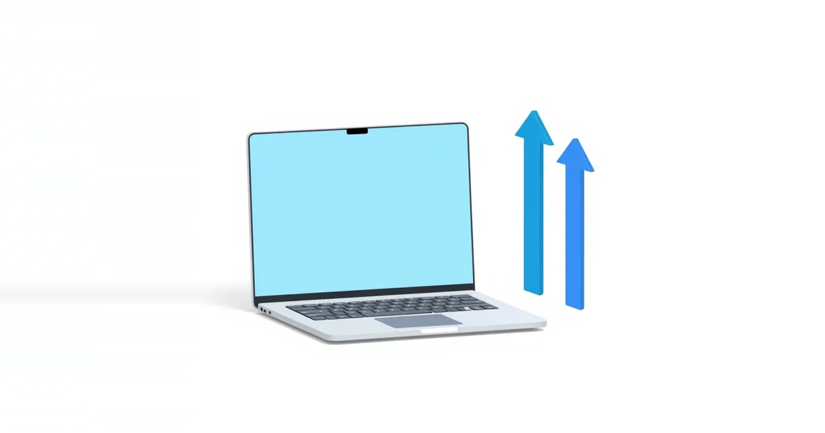 Illustration: a laptop with two blue arrows pointing up