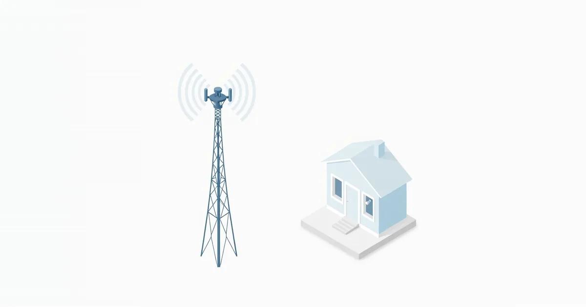 Illustration: a cell tower sending signal toward a house