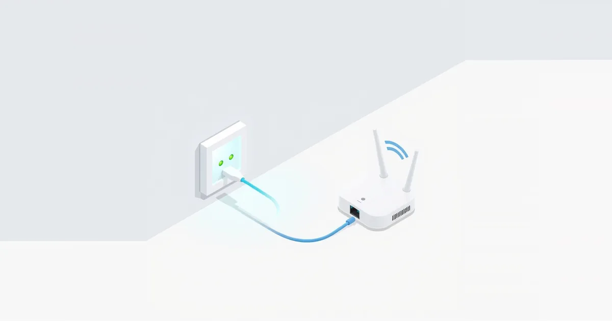 Illustration: a glowing fiber cable from a wall box to a router