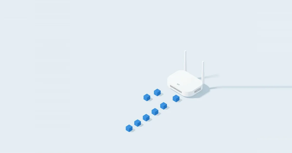 Illustration: a queue of small blocks lined up in front of a router