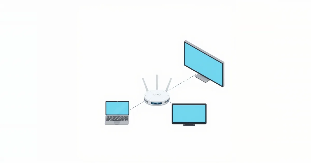 Illustration: a router linked by dotted lines to a laptop and two screens