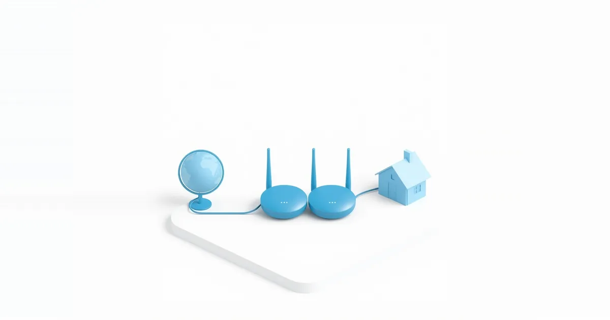 Illustration: two routers in a row between a globe and a house