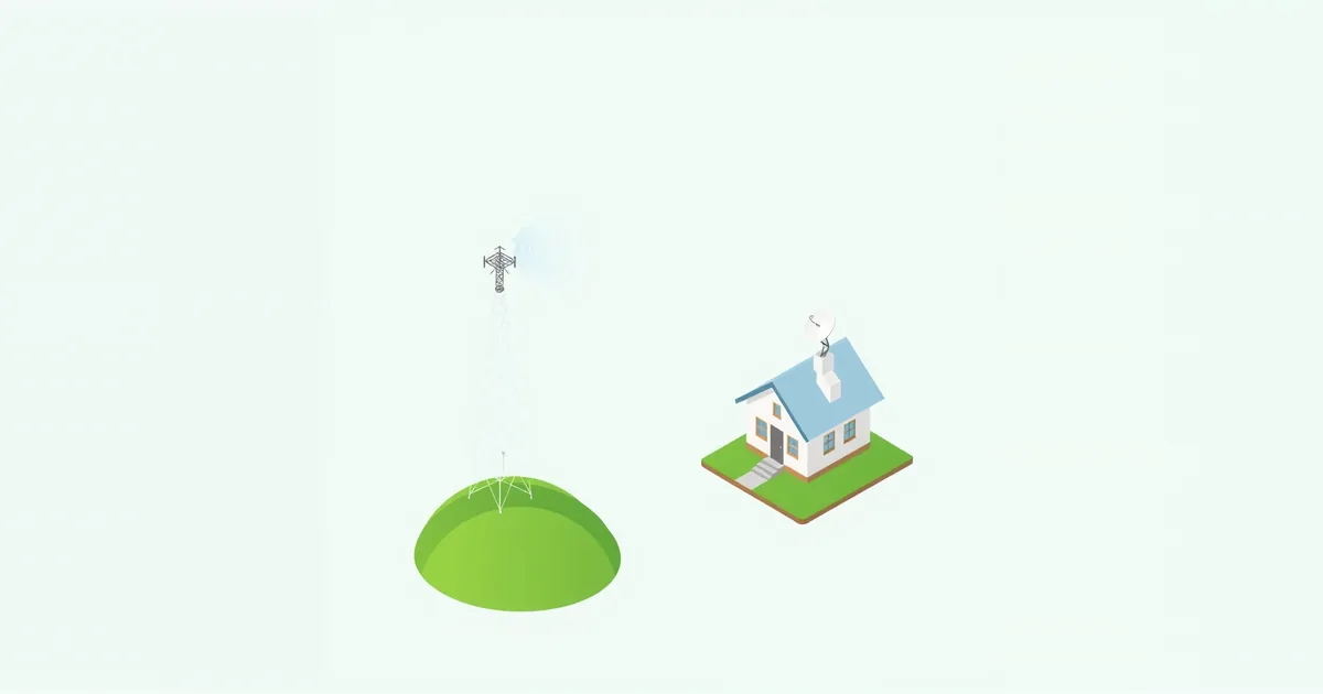 Illustration: a radio tower on a hill and a house with a roof antenna