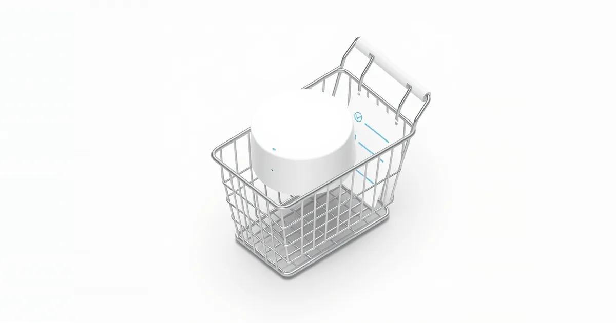 Illustration: a round router in a shopping basket with a checklist