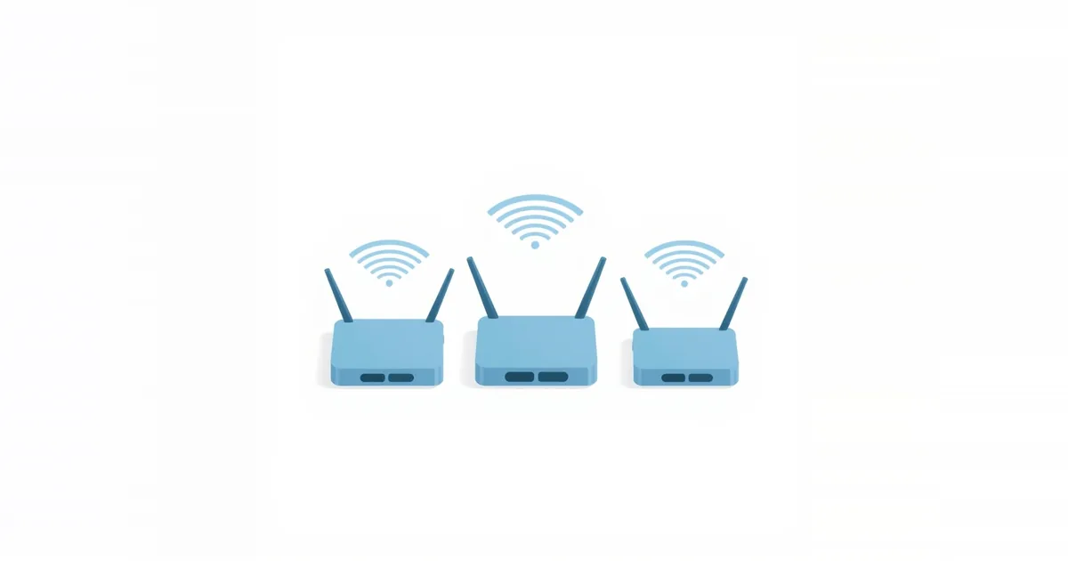 Illustration: three routers with Wi-Fi waves