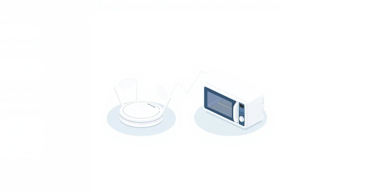 Illustration: a router with Wi-Fi waves next to a microwave oven