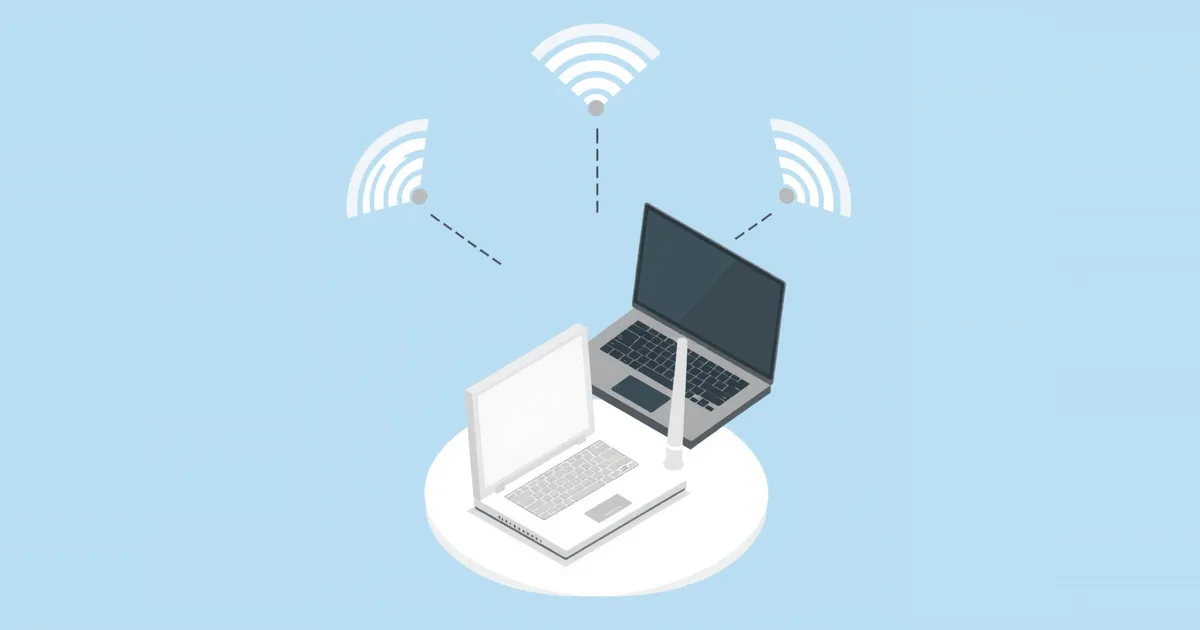 Illustration: two laptops with Wi-Fi signals joined by broken dashed lines